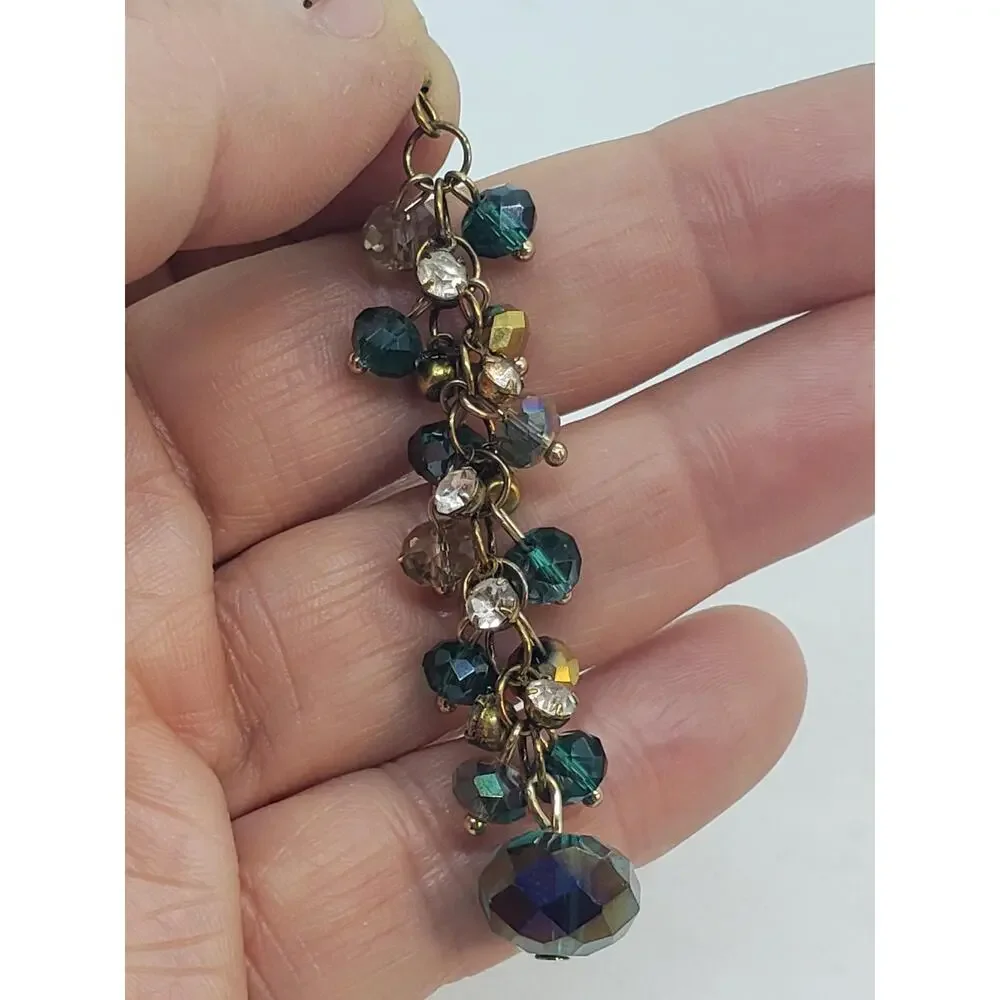 Vintage Dangle Drop Earrings Teal Green Glass Bead Dangle Chandelier Boho